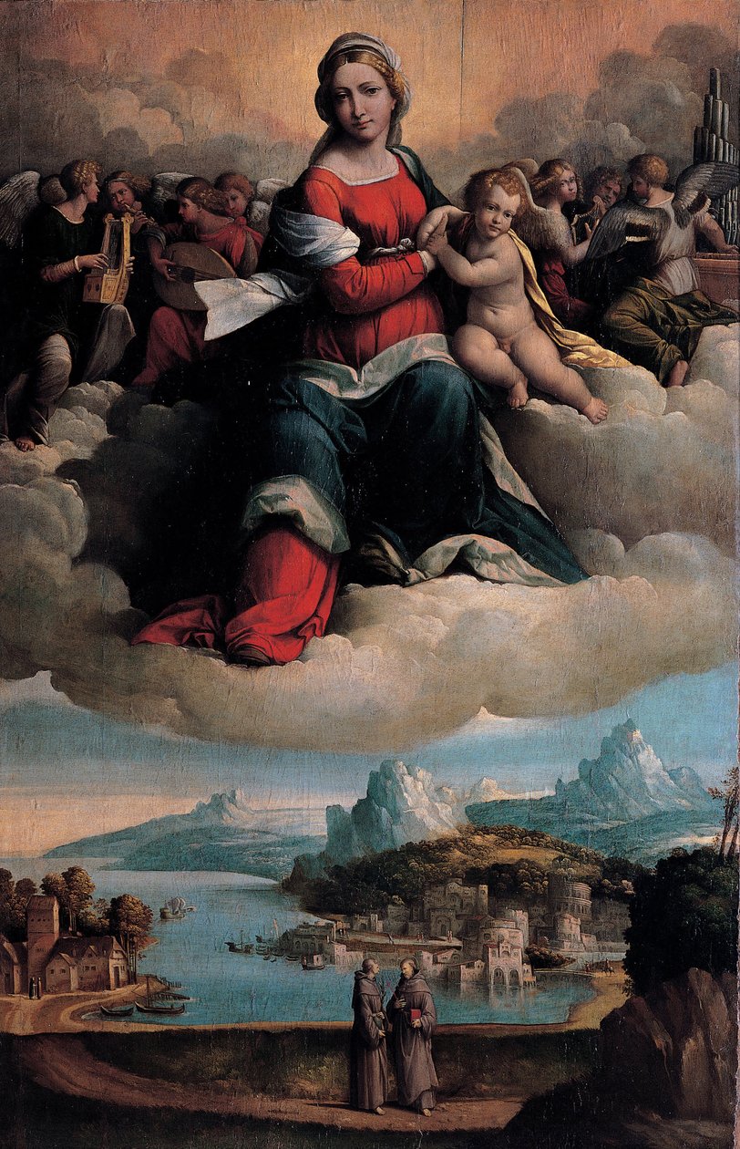 Madonna und Kind in Herrlichkeit mit den Heiligen Antonius von Padua und Franziskus von Benvenuto Tisi da Garofalo
