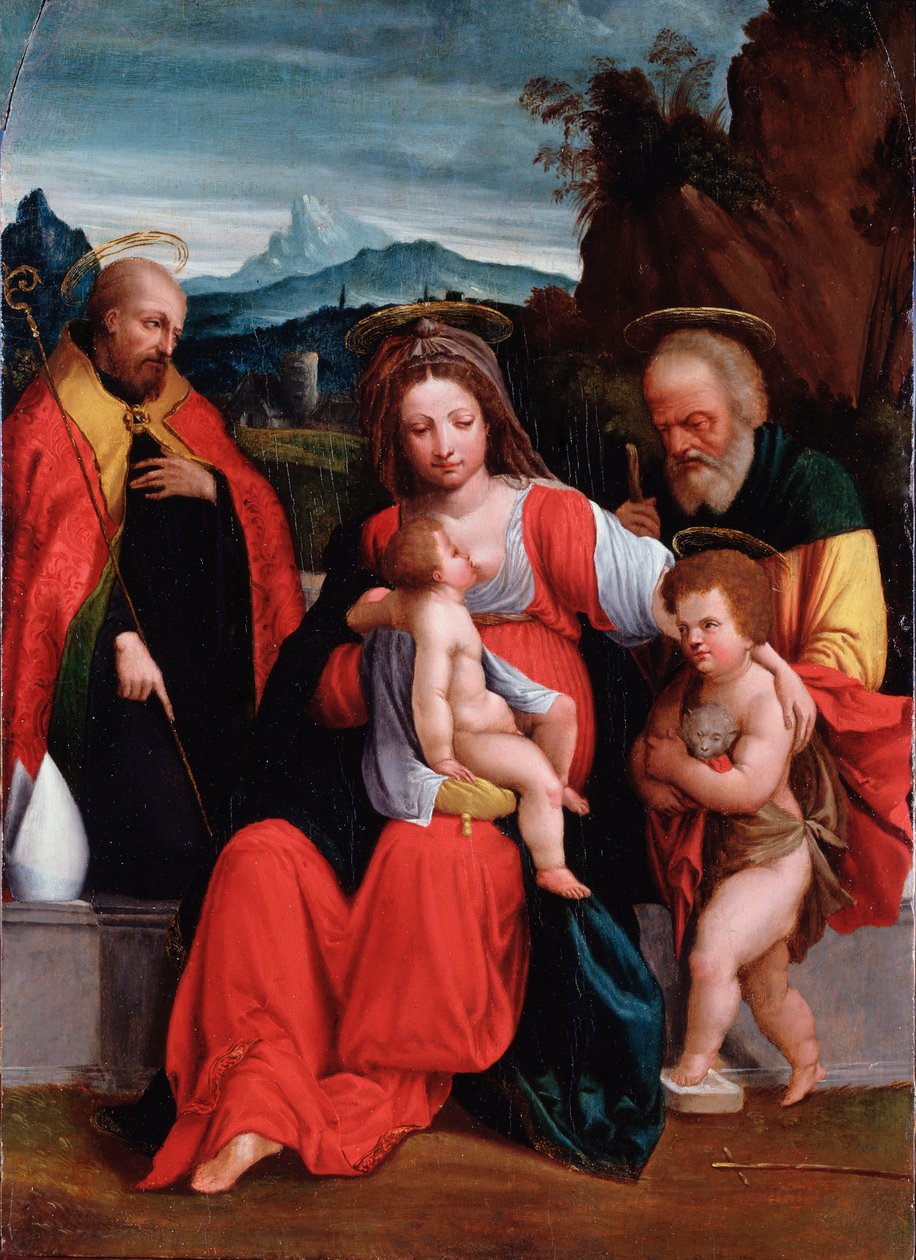 Die Heilige Familie mit dem kleinen Johannes dem Täufer und einem Bischof von Benvenuto Tisi da Garofalo
