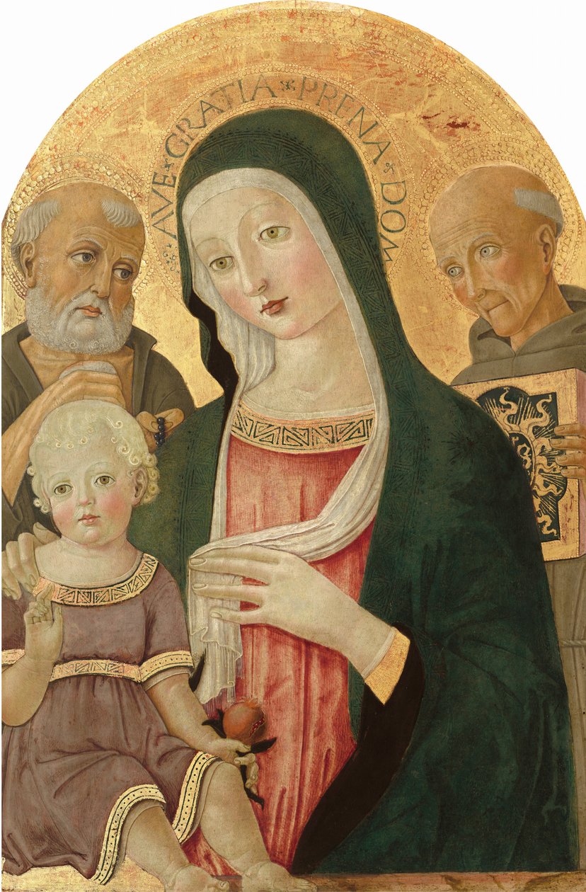 Madonna mit Kind, Heiligem Hieronymus und Heiligem Bernhardin von Siena, um 1480-1485 von Benvenuto di Giovanni