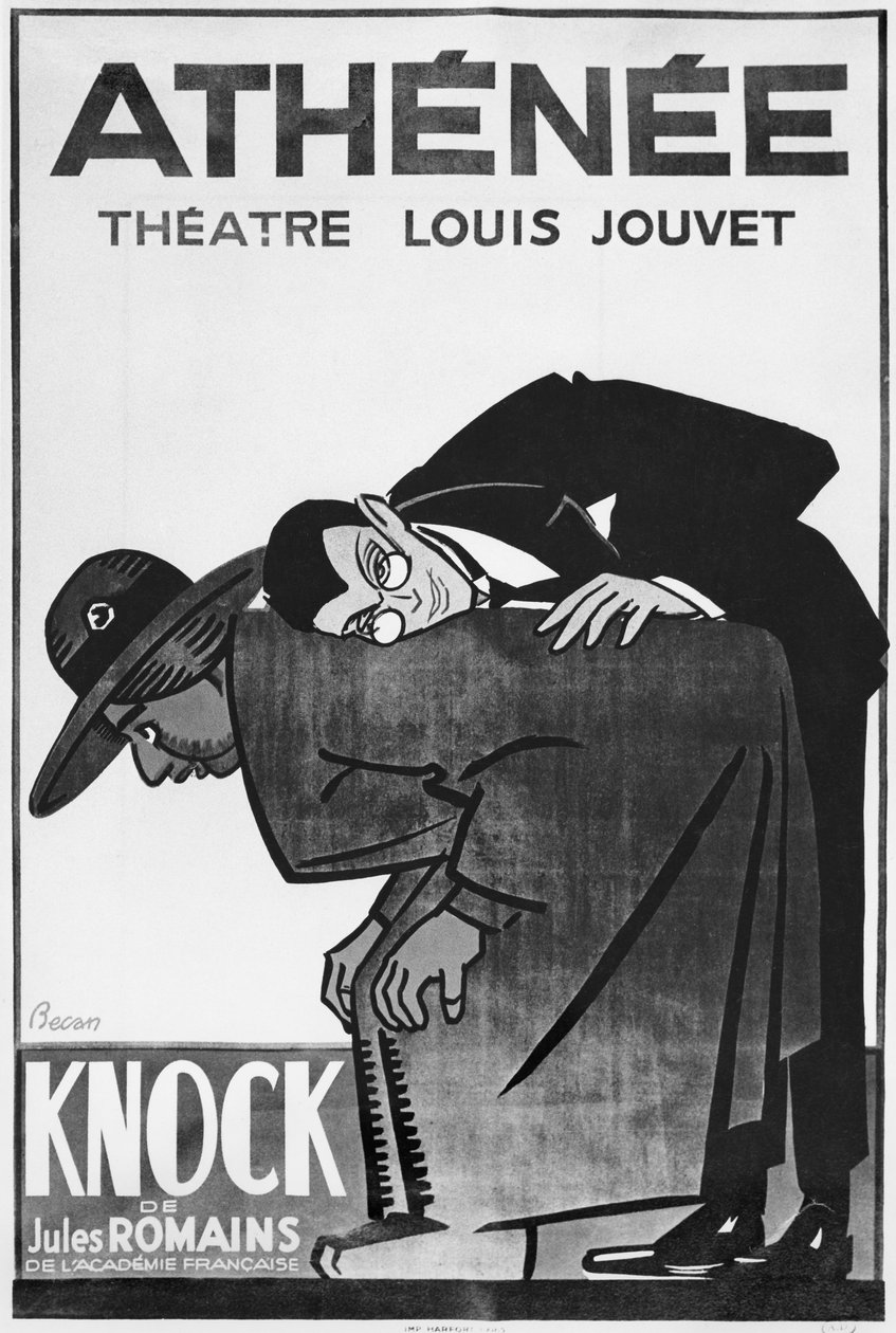 Plakat, das eine Aufführung von Knock oder der Triumph der Medizin von Jules Romains (1885-1972) im Theatre Athenee bewirbt von Bernard Becan