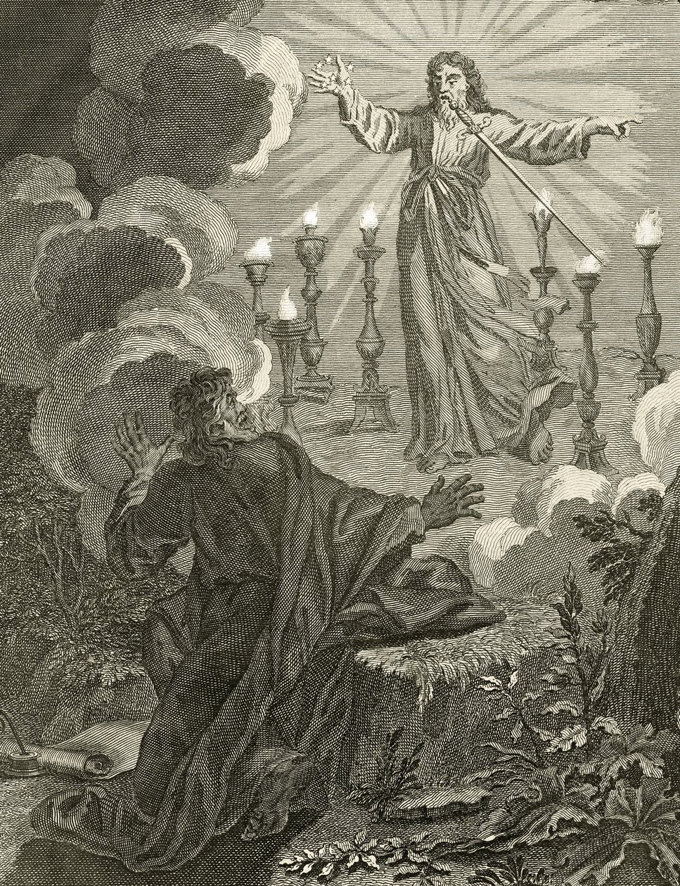 Jesus erscheint im Buch der Offenbarung und hält sieben Sterne in seiner rechten Hand und hat ein zweischneidiges Schwert, das aus seinem Mund kommt, 1763 von Bernard Picart