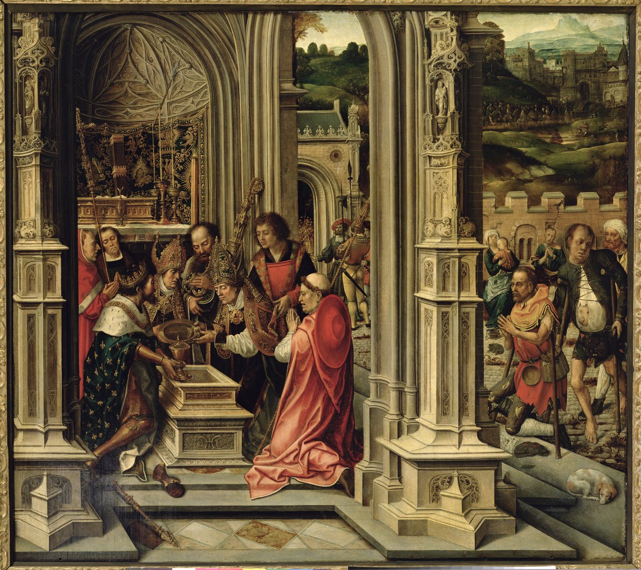 Karl der Große (742-814) legt die Reliquien Christi in die Kapelle von Aachen von Bernard van Orley