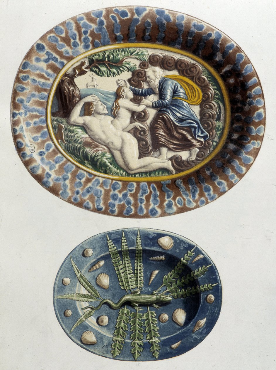 Gott erschafft Eva aus Adams Rippe; Eidechse - Keramikschalen, in „The work of Bernard Palissy“ von C. Delange und C. Borneman, Paris von Bernard (after) Palissy