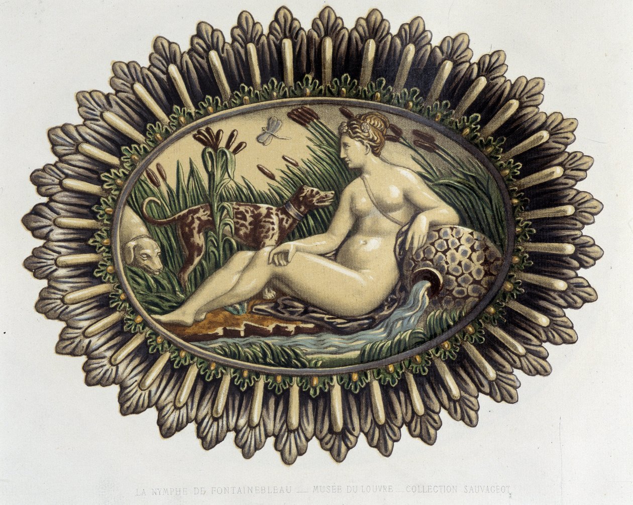 Die Nymphe von Fontainebleau - Keramikplatte, in „Das Werk von Bernard Palissy“ von C. Delange und C. Borneman, Paris von Bernard (after) Palissy
