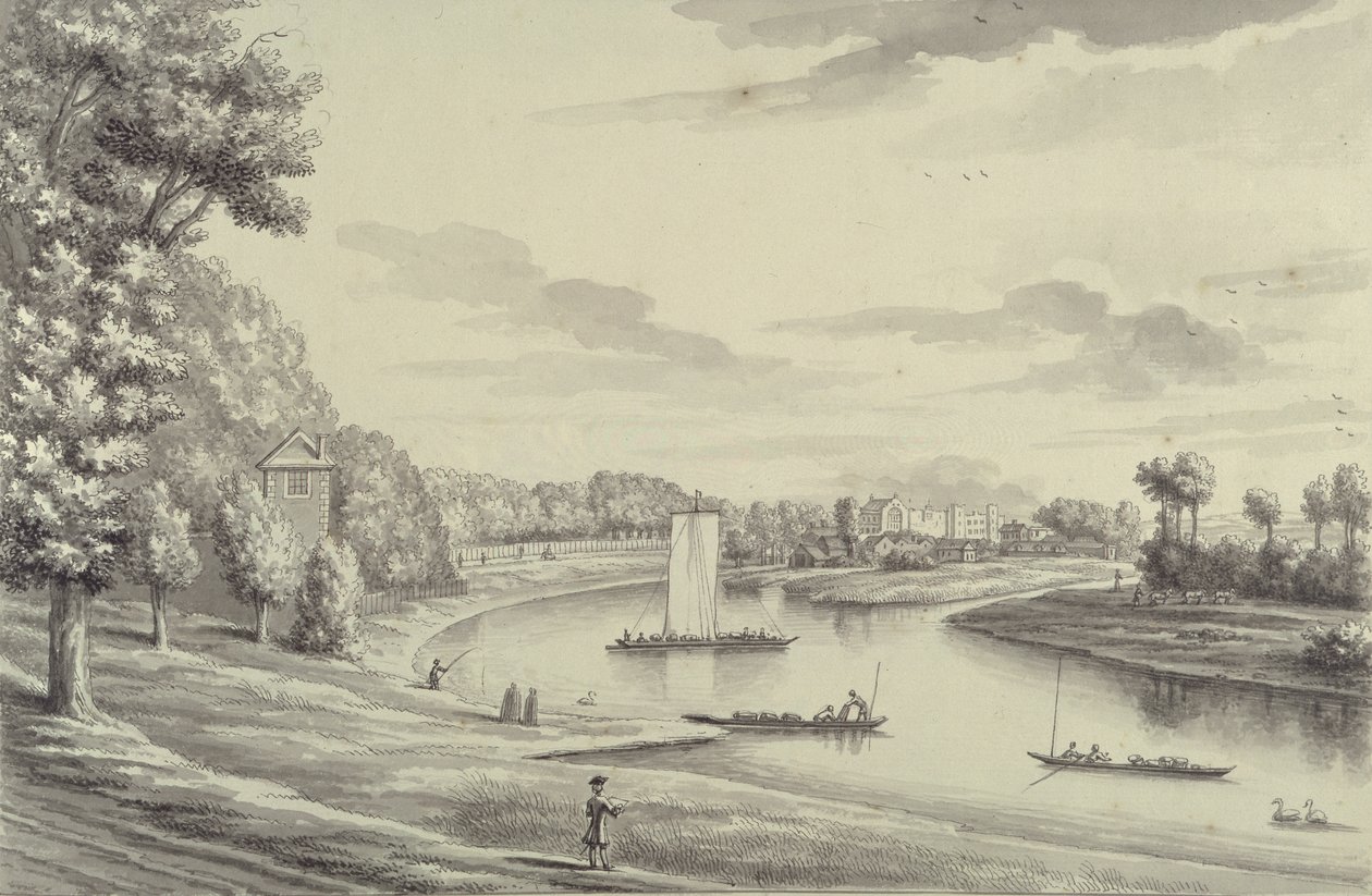 Westansicht der Hampton Court Fähre und der Hampton Kirche in der Ferne, 1731-33 von Bernard III Lens