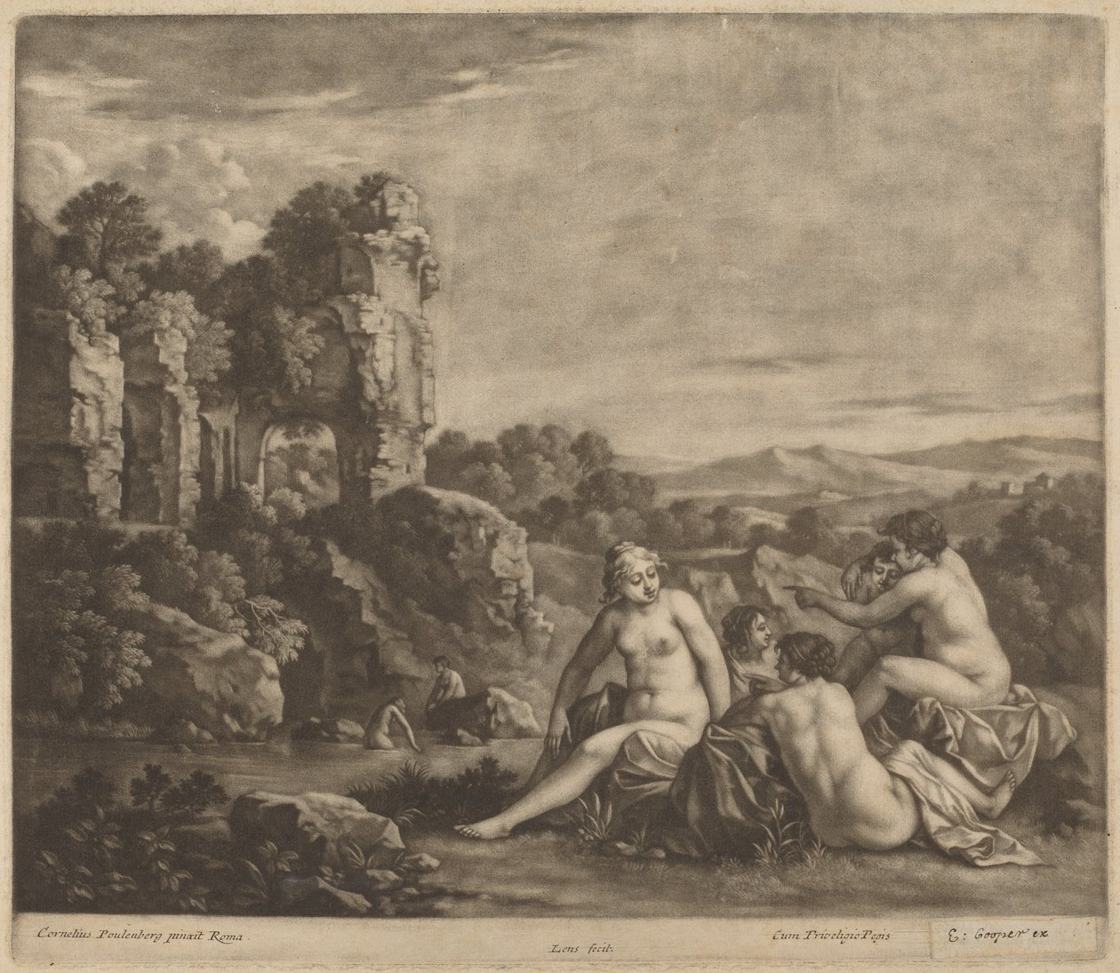 Badende in einer Landschaft von Bernard Lens, after Cornelis van Poelenburch