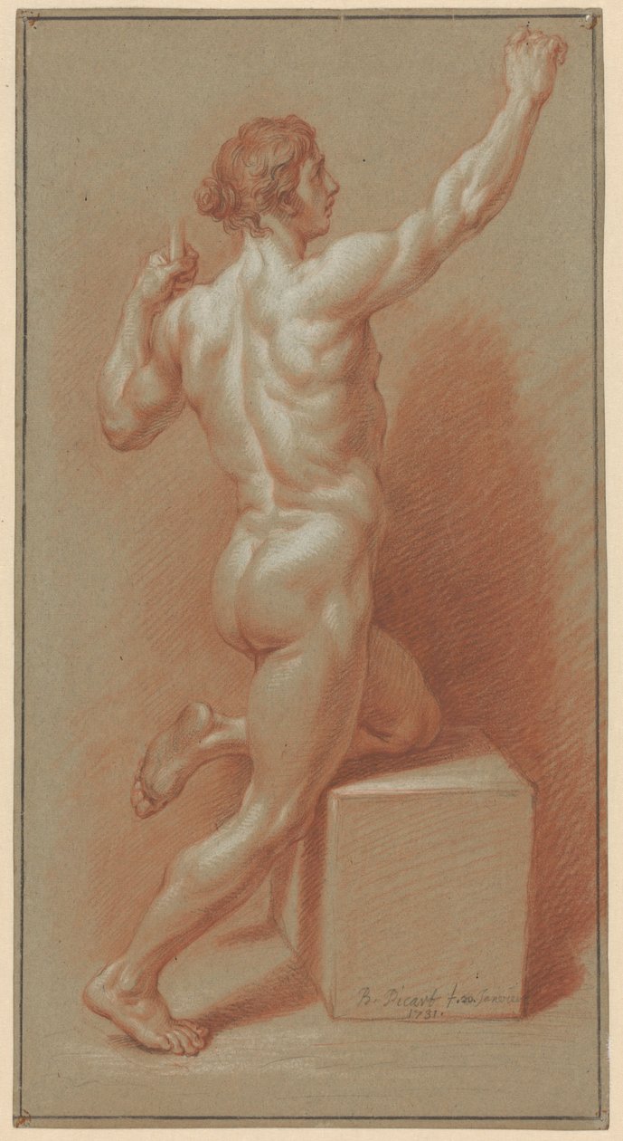 Nackter Mann, auf das linke Knie gestützt von Bernard Picart (signed by artist)