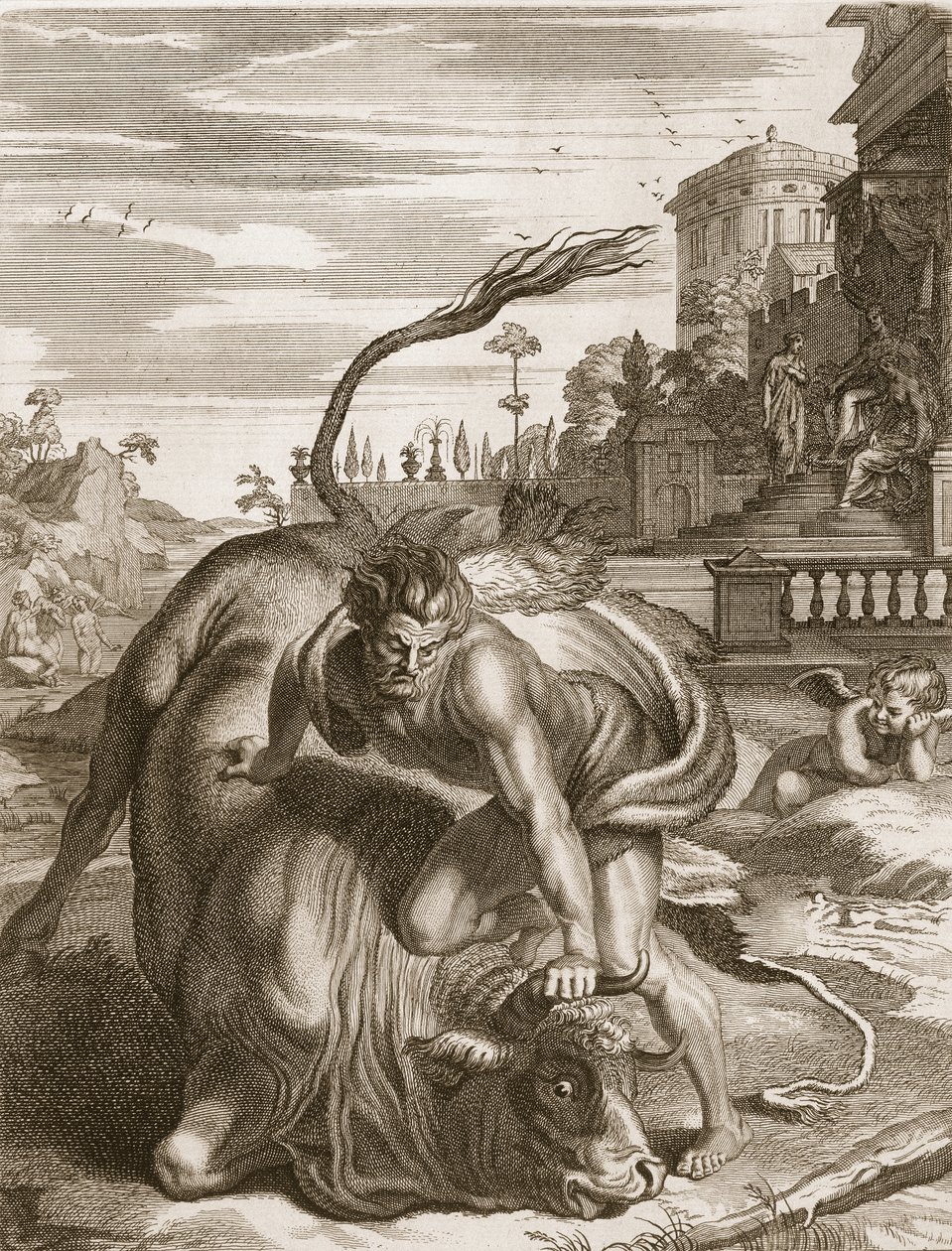 Achelous in der Gestalt eines Stiers wird von Herkules besiegt, 1731 von Bernard Picart