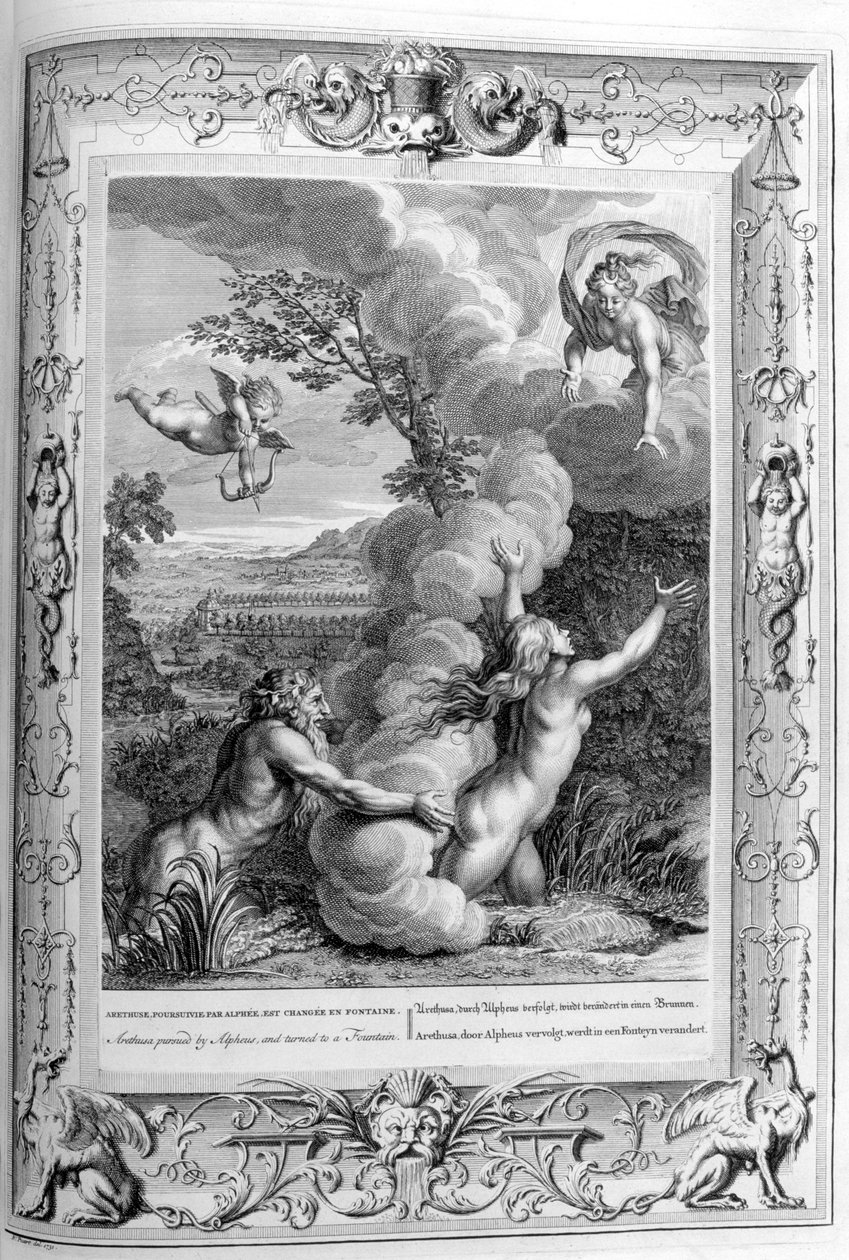 Arethusa verfolgt von Alpheus und in einen Brunnen verwandelt, 1733 von Bernard Picart