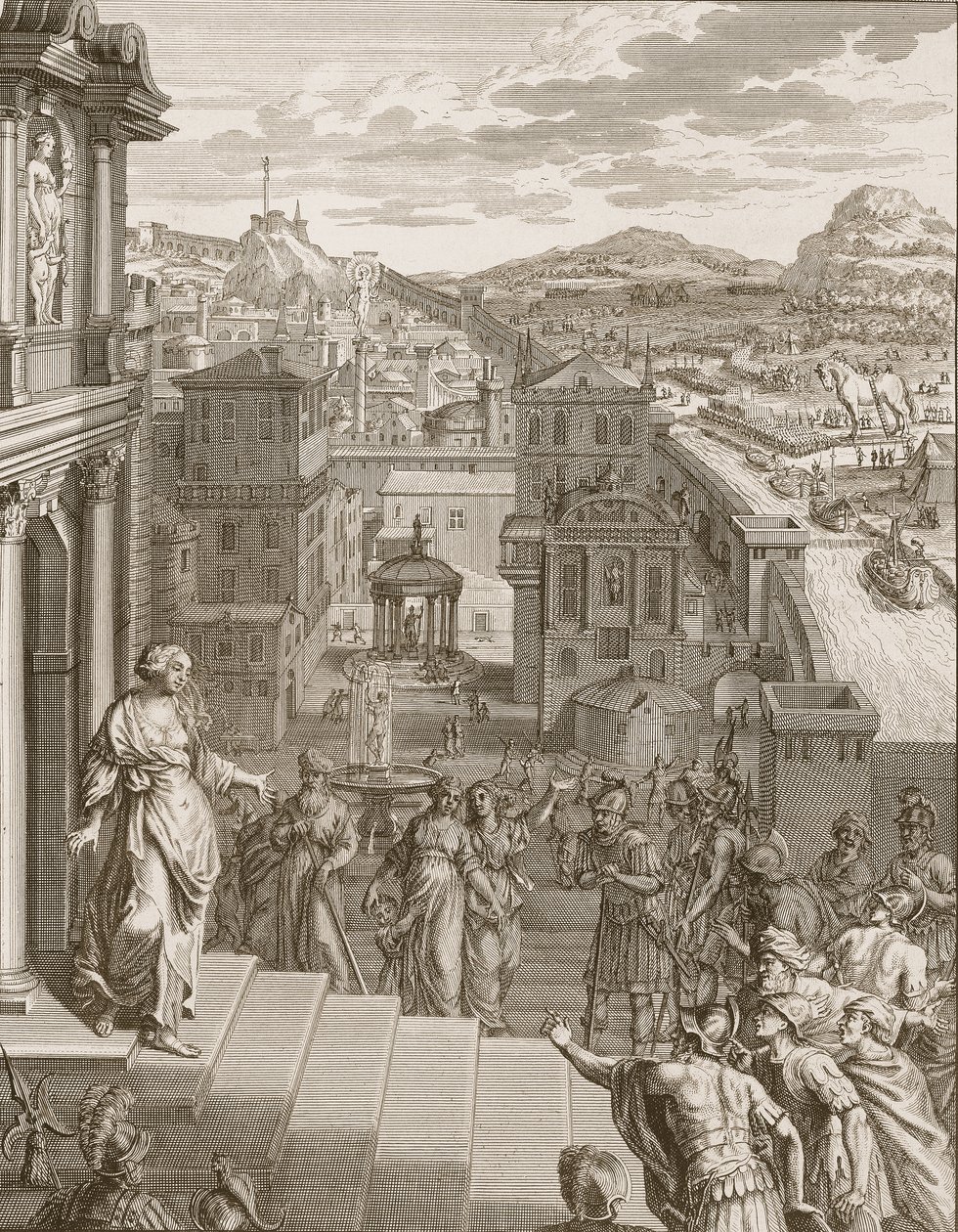 Kassandra prophezeit den Trojanern ihr Schicksal und wird nicht geglaubt, 1731 von Bernard Picart