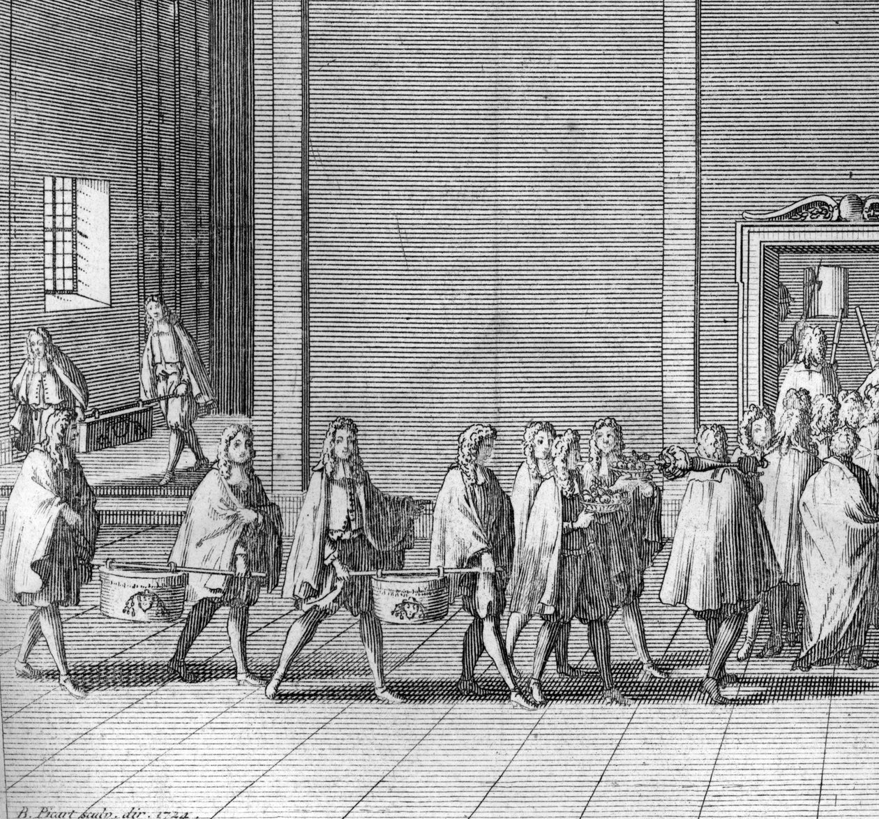 Verschiedene Phasen des Konklaves, Treffen der Kardinäle zur Wahl eines neuen Papstes: die Rationen werden während des Konklaves gemacht (Vatikan: Ankunft von Lebensmitteln während des Konklaves) Gravur aus „Illustration religiöser Zeremonien und Bräuche a von Bernard Picart