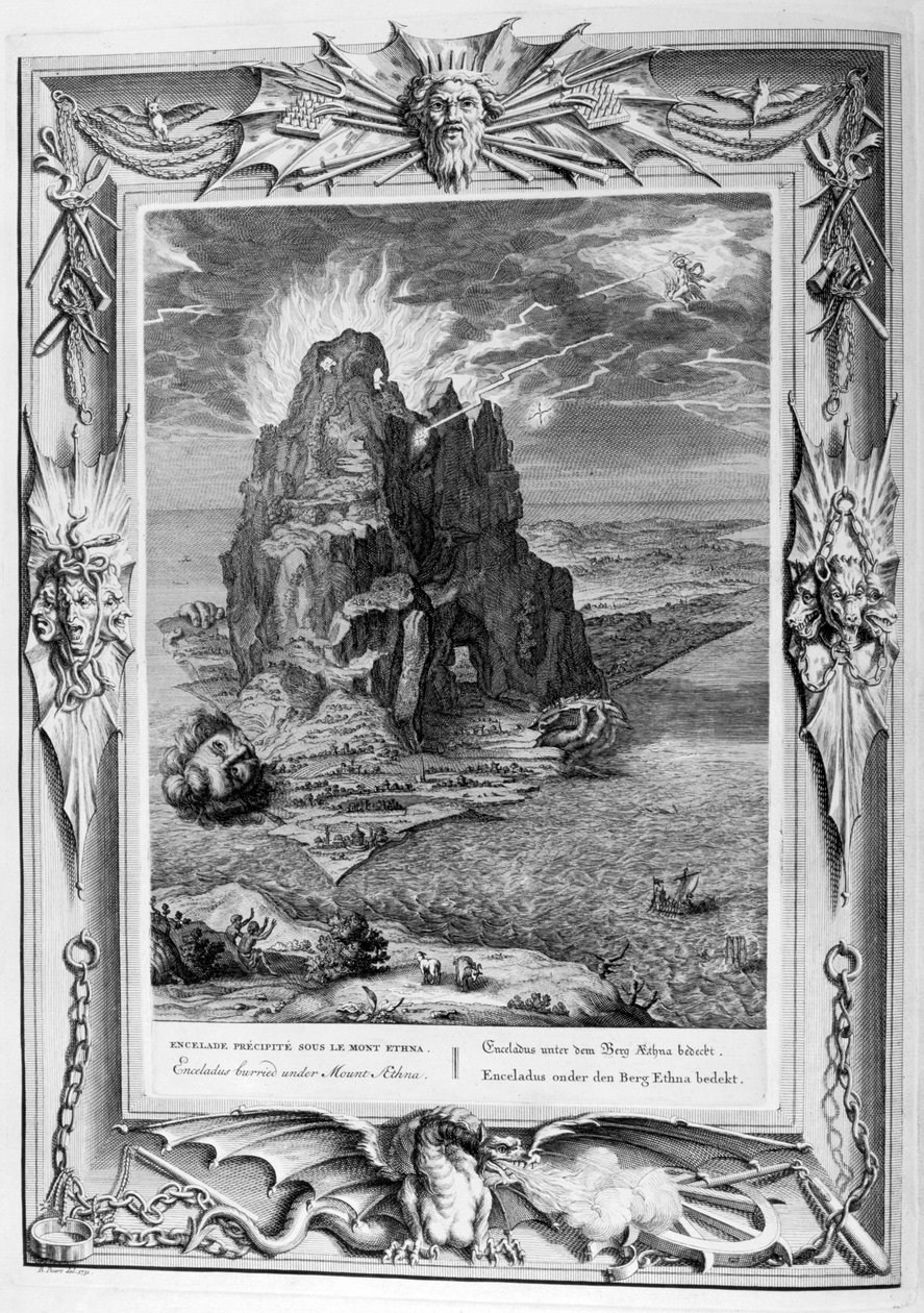 Enceladus unter dem Ätna begraben, 1733 von Bernard Picart