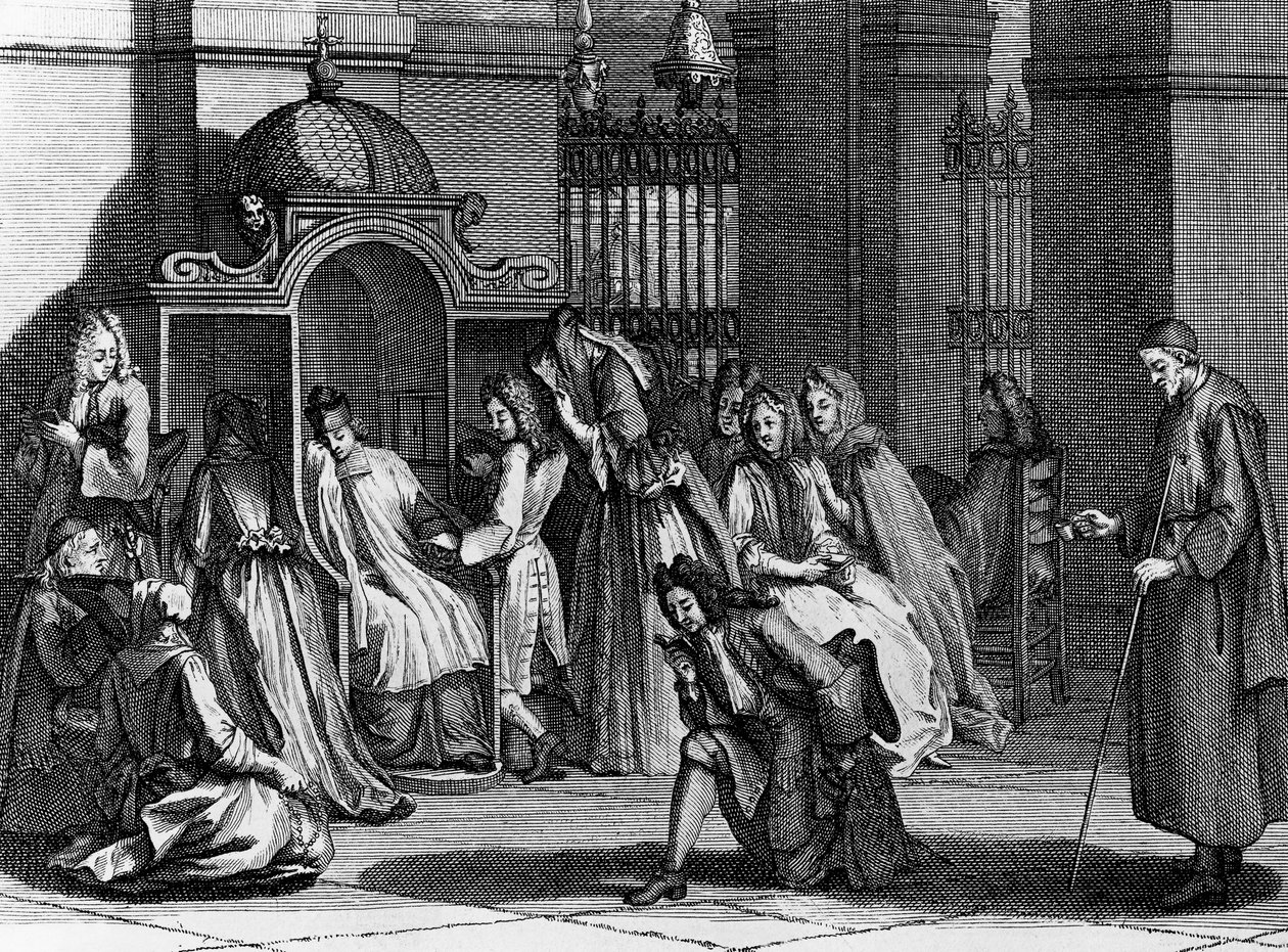 Gläubige warten vor dem Beichtstuhl, Gravur von Bernard Picart aus 
