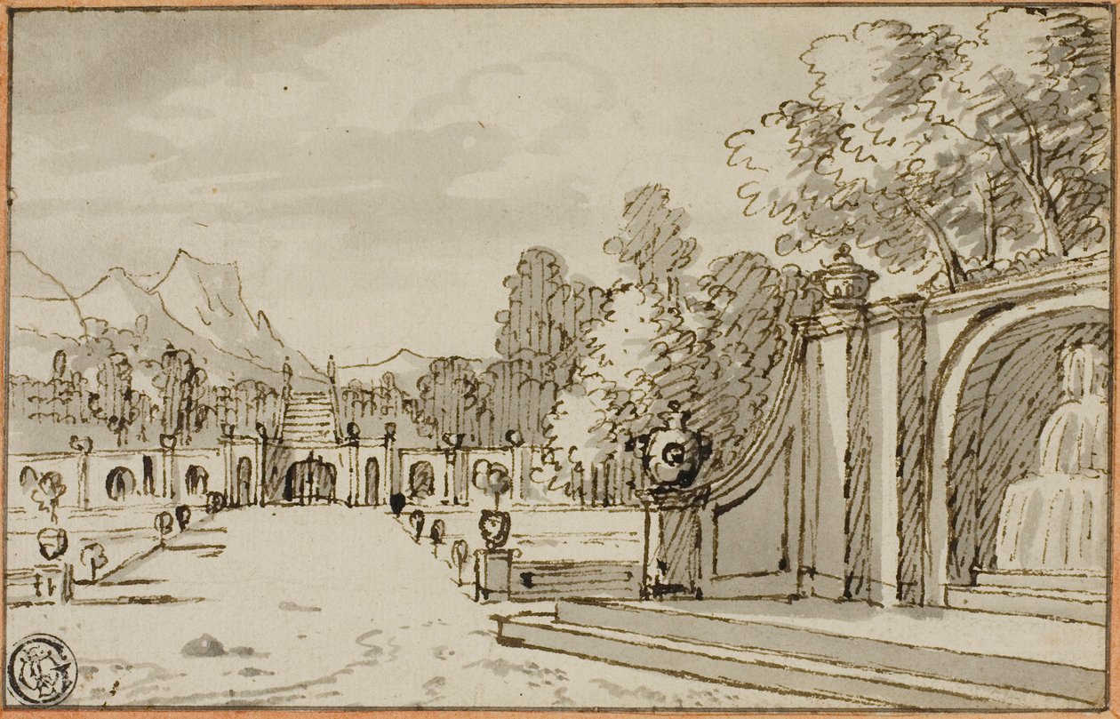 Formaler Garten mit Brunnen im Vordergrund von Bernard Picart