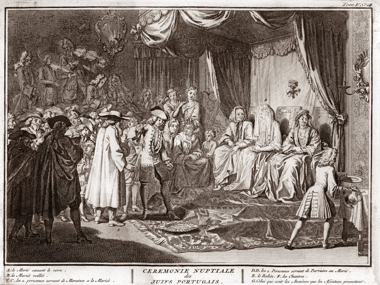 Jüdische Hochzeit in der jüdisch-portugiesischen Gemeinde) Gravur aus "Illustration religiöser Zeremonien und Bräuche aller Völker der Welt" von Bernard Picart (1723-1743) von Bernard Picart
