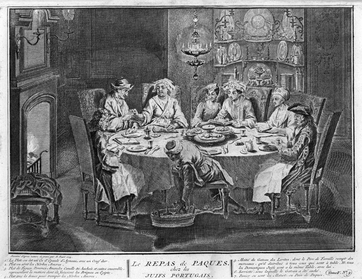 Judentum: Passahfest (oder Pesach) in der jüdischen portugiesischen Gemeinde Gravur aus "Illustration der Zeremonien und religiösen Bräuche aller Völker der Welt" von Bernard Picart (1723-1743) 1819 Private Sammlung von Bernard Picart