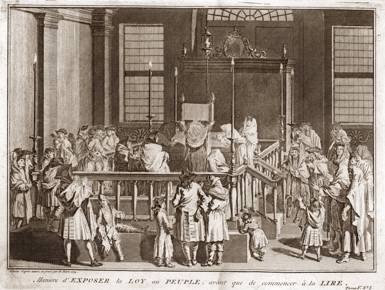 Judentum: Ausstellung der Tora in einer Synagoge vor dem Lesen) Gravur aus „Illustration de cérémonies et coutumes religieuses de tous les peuples du monde“ von Bernard Picart (1723-1743) 1819 Privatsammlung von Bernard Picart