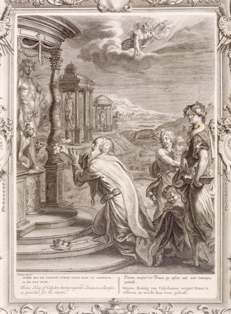 Oeneus, König von Kalydon, wird für seine Gottlosigkeit bestraft, weil er Diana bei einem Opfer vernachlässigt hat, 1731 von Bernard Picart