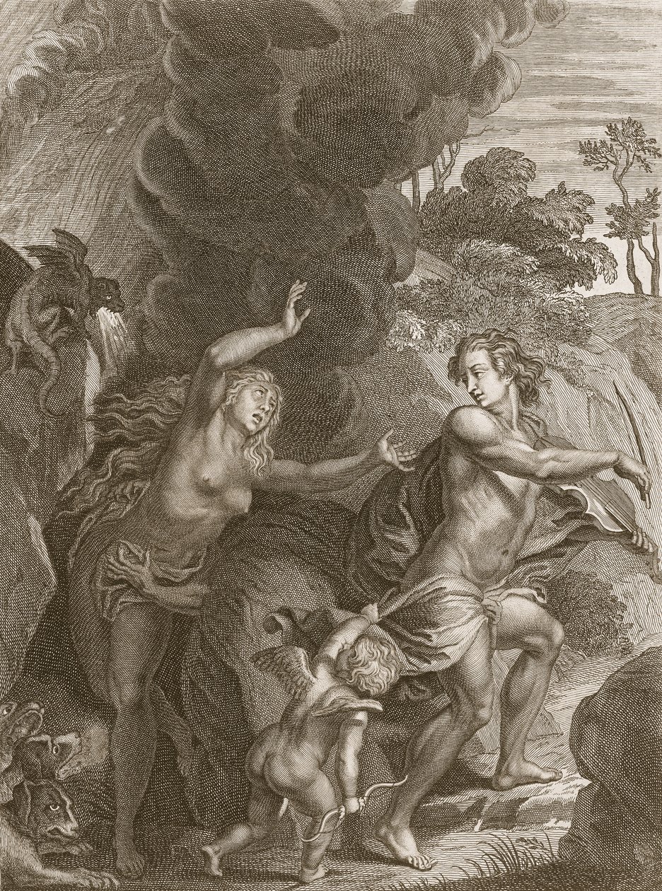 Orpheus, der Eurydike aus der Hölle führt, schaut zurück und verliert sie für immer, 1731 von Bernard Picart