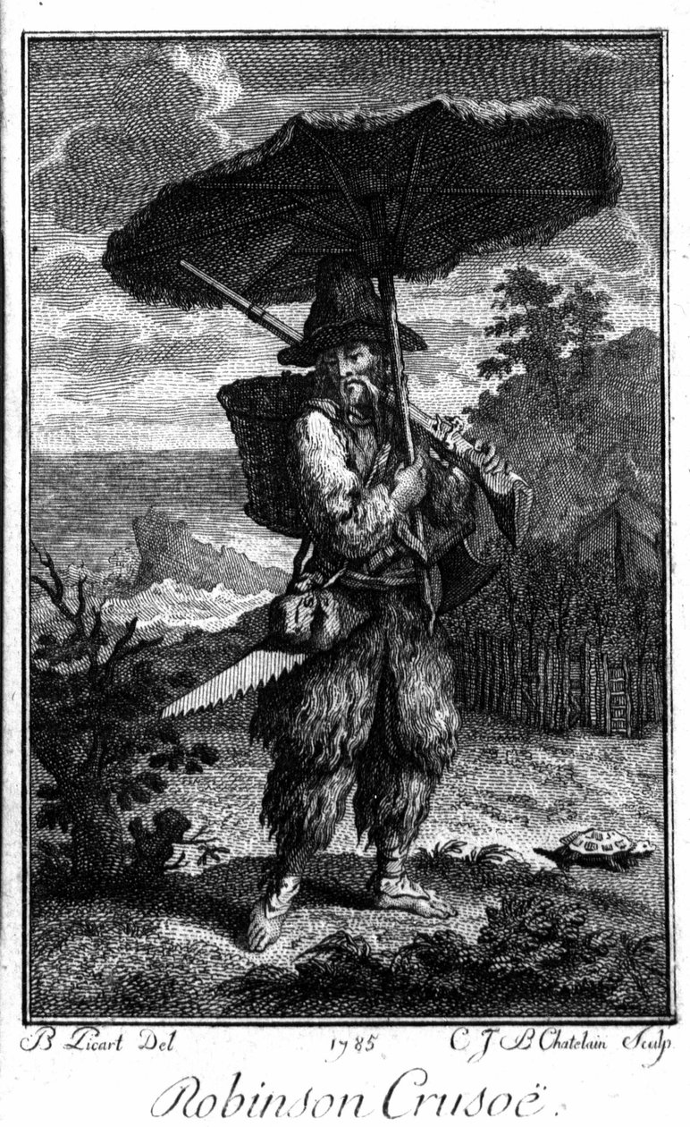 Darstellung von Robinson Crusoe auf seiner einsamen Insel. Gravur von Bernard Picart (1673-1733) zur Illustration des Romans von Daniel Defoe (1660-1731) von Bernard Picart
