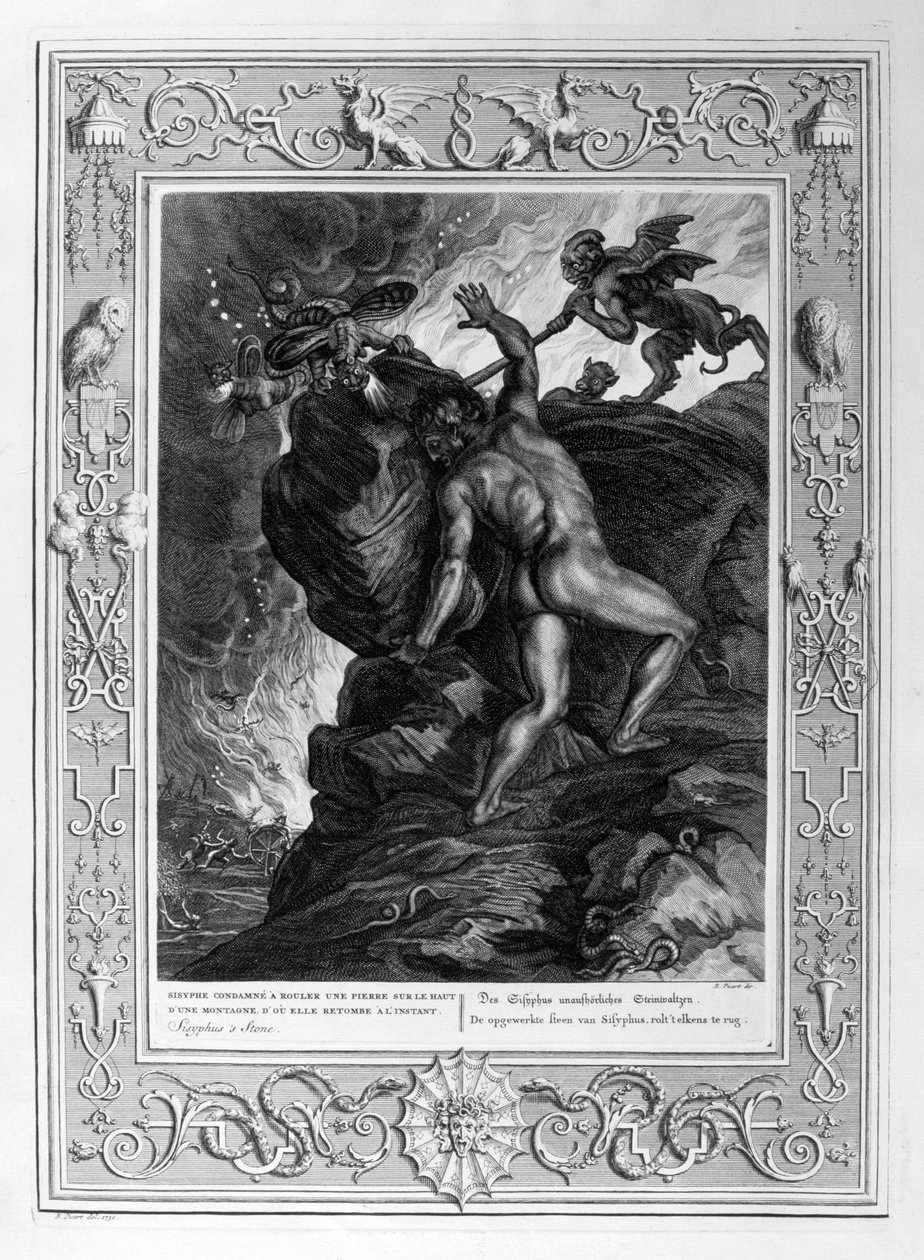 Sisyphus, der seinen Stein einen Berg hinaufrollt, 1733 von Bernard Picart