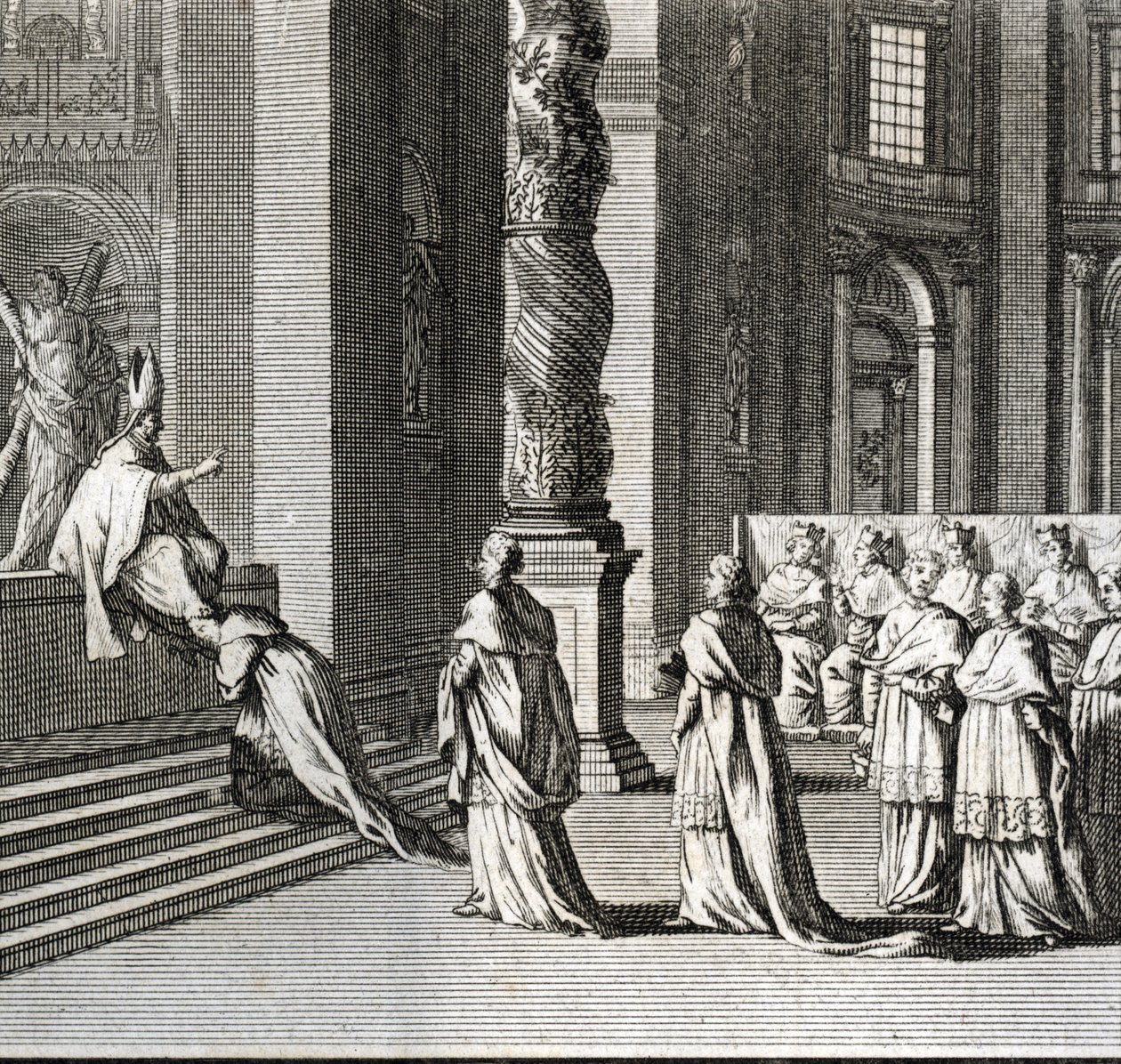 Feierliche Inauguration des Pontifikats (Papstverehrung am großen Altar von St. Peter, Vatikan) Gravur aus Illustration religiöser Zeremonien und Bräuche von Bernard Picart