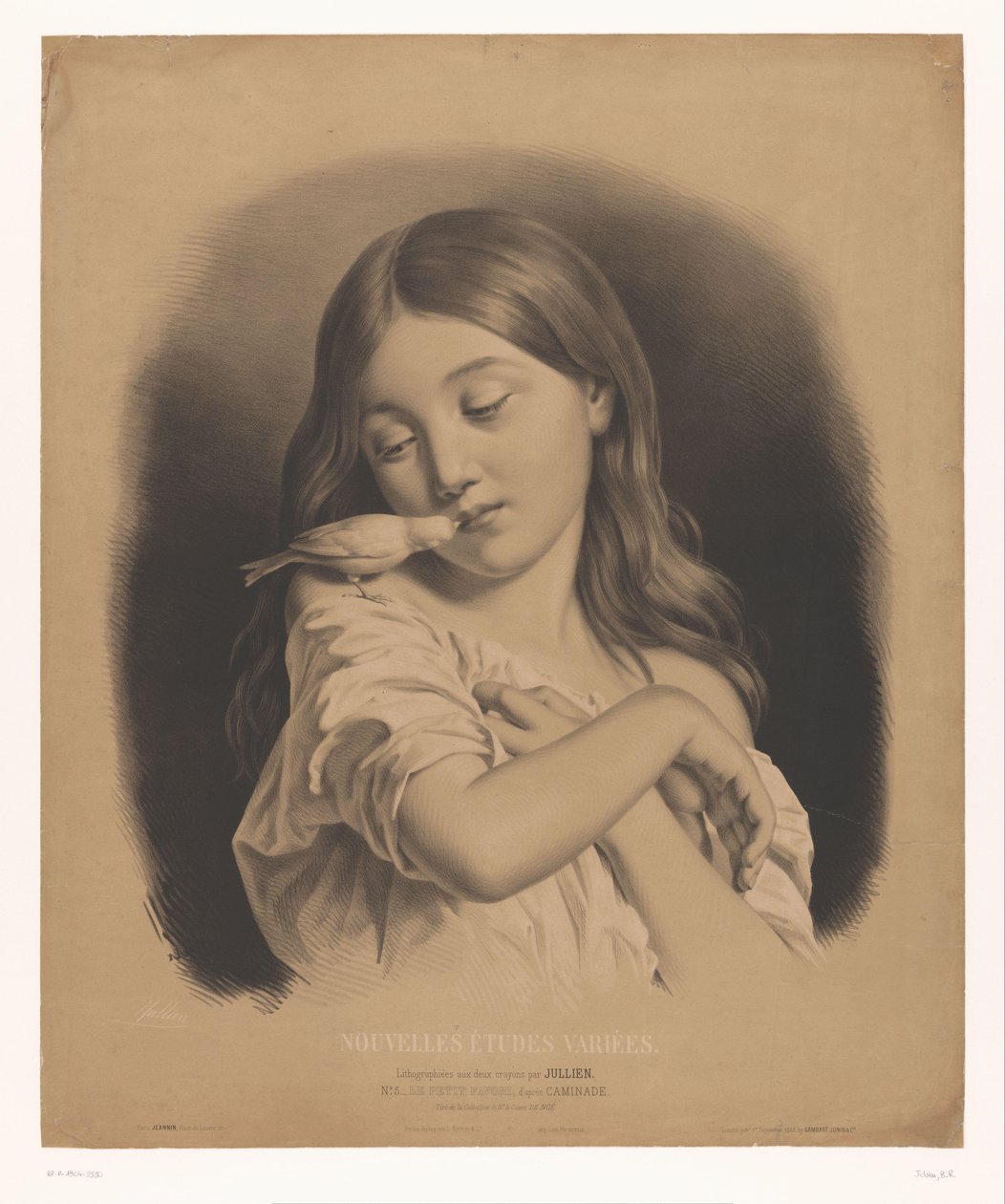 Junges Mädchen mit einem Vogel auf der Schulter (Le petit favori, Diverse neue Studien, Nouvelles études variées) von Bernard Romain Julien