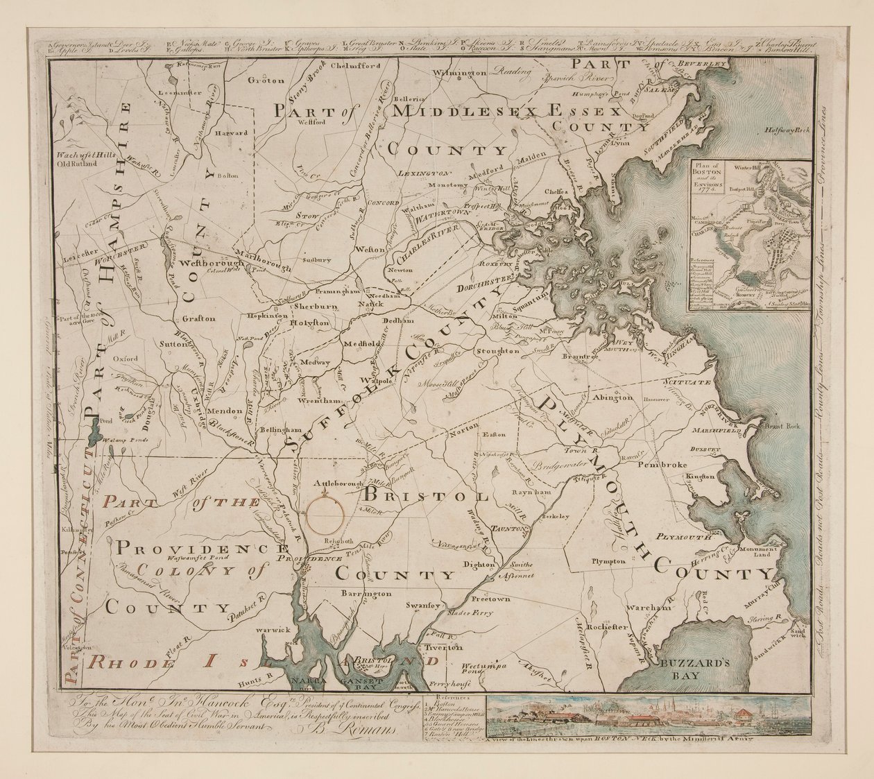 Karte von Boston und Umgebung, ca. 1775 von Bernard Romans