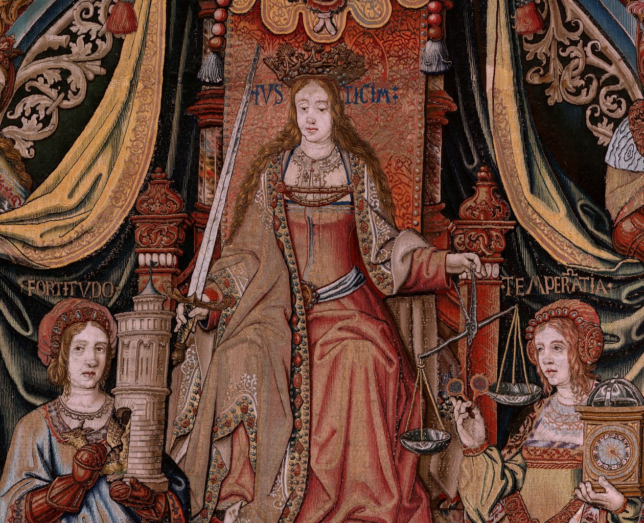 Flandrischer Wandteppich. Serie Die Ehren. Gerechtigkeit. Neunter Wandteppich in der Serie. Modellzeichner aus dem Kreis von Bernard van Orley und Jan Gossaert. Herstellung Pieter van Aelst, Brüssel. Ca. 1550. von Bernard van Orley