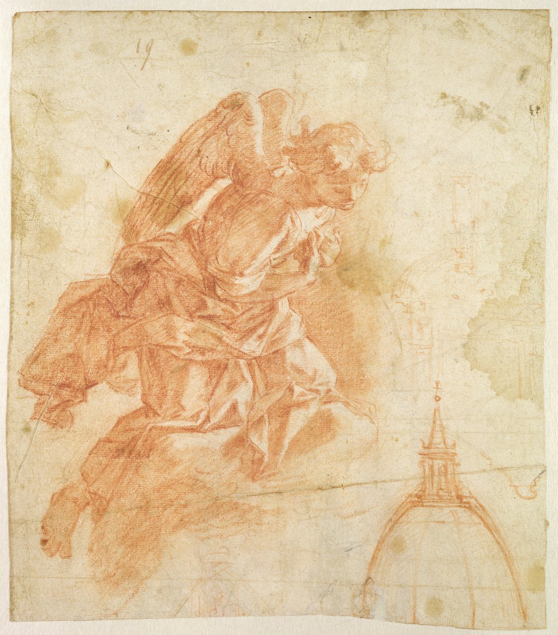 Schwebender Engel und architektonische Skizze, ca. 1600 von Bernardino Barbatelli Poccetti