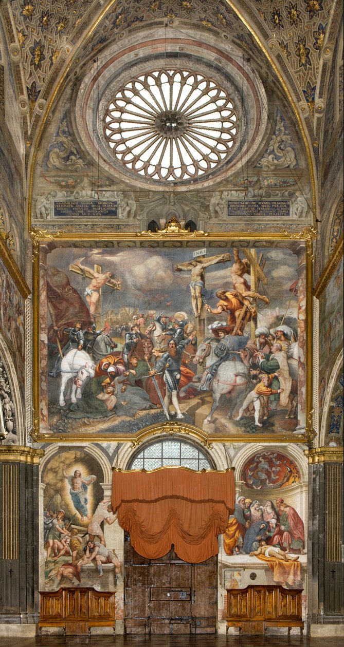 Gegenfassade, Il Pordenone, Kreuzigung 1520-21, Kreuzabnahme 1522, Bernardino Gatti, Auferstehung 1529 von Bernardino Gatti