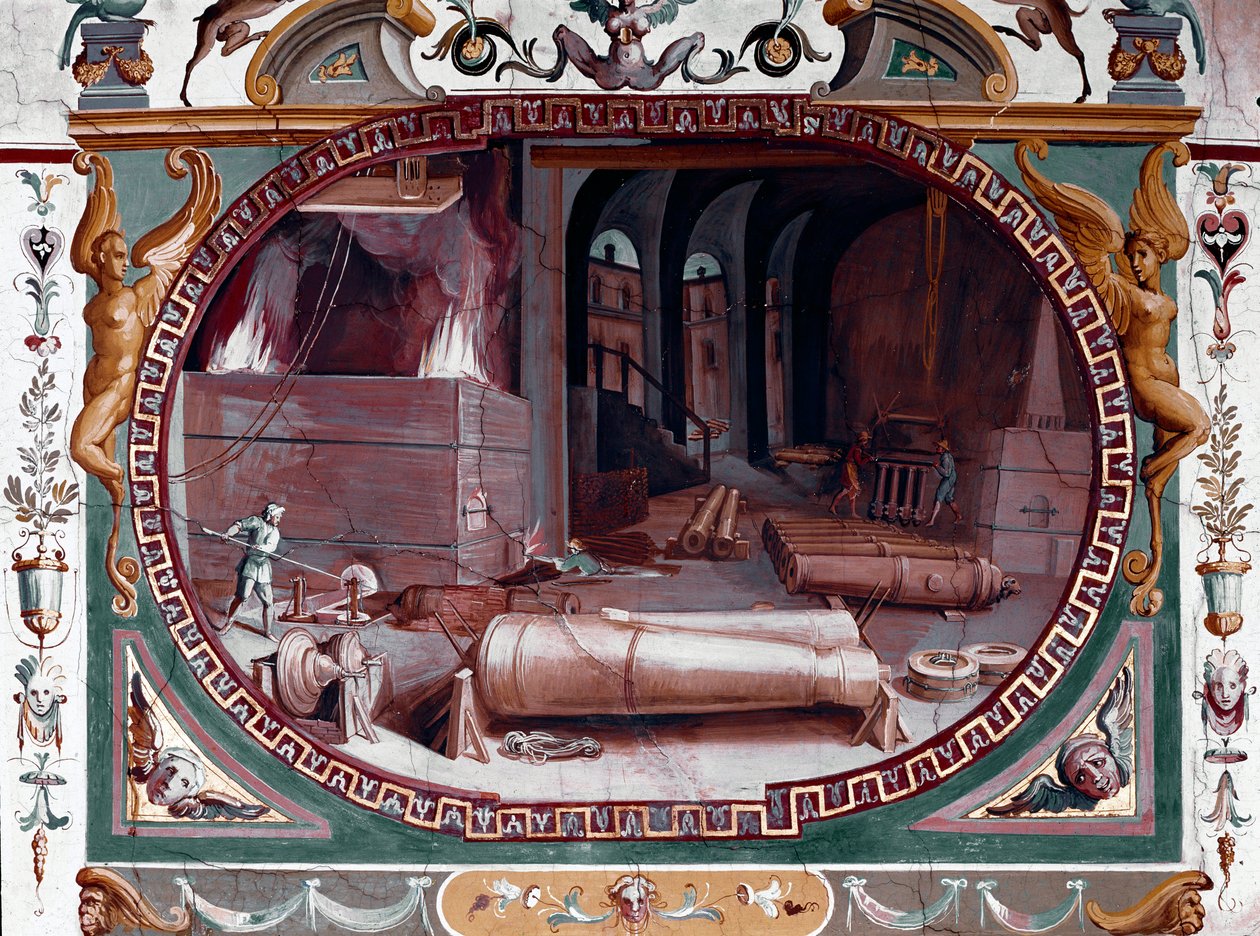 Darstellung der Werkstatt einer Kanonengießerei. Fresko von Bernardino Barbatelli genannt Poccetti von Bernardino Barbatelli Poccetti