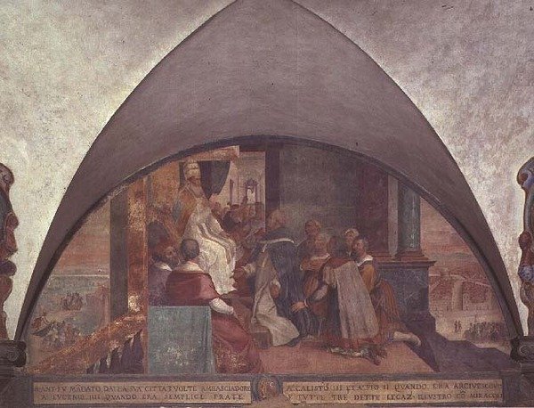 St. Antoninus stellt sich Papst Eugen III. als Botschafter vor, Lünette von Bernardino Barbatelli Poccetti