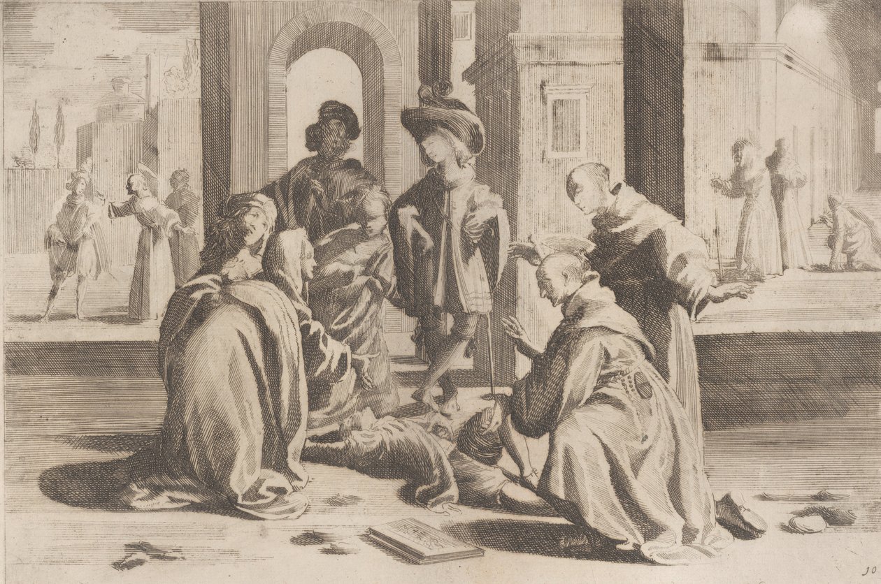 Episode 25: In Rom heilt der heilige Bernardino einen kranken jungen Mann, Episode 26: Heiliger Bern... (1610-39) von Bernardino Capitelli