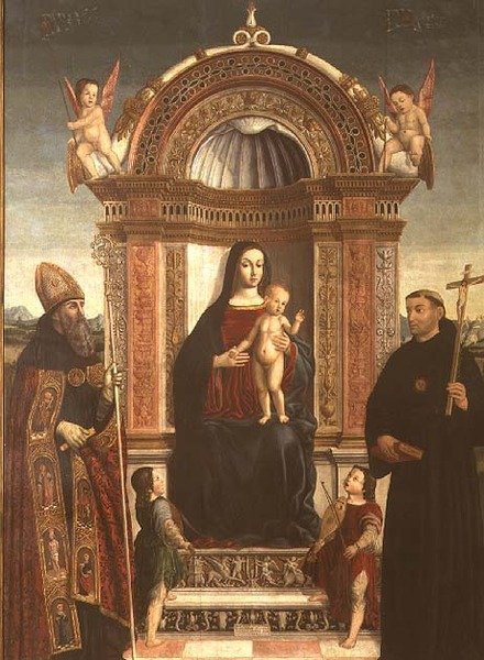 Madonna mit Kind, St. Nikolaus von Tolentino und St. Augustinus von Bernardino Loschi