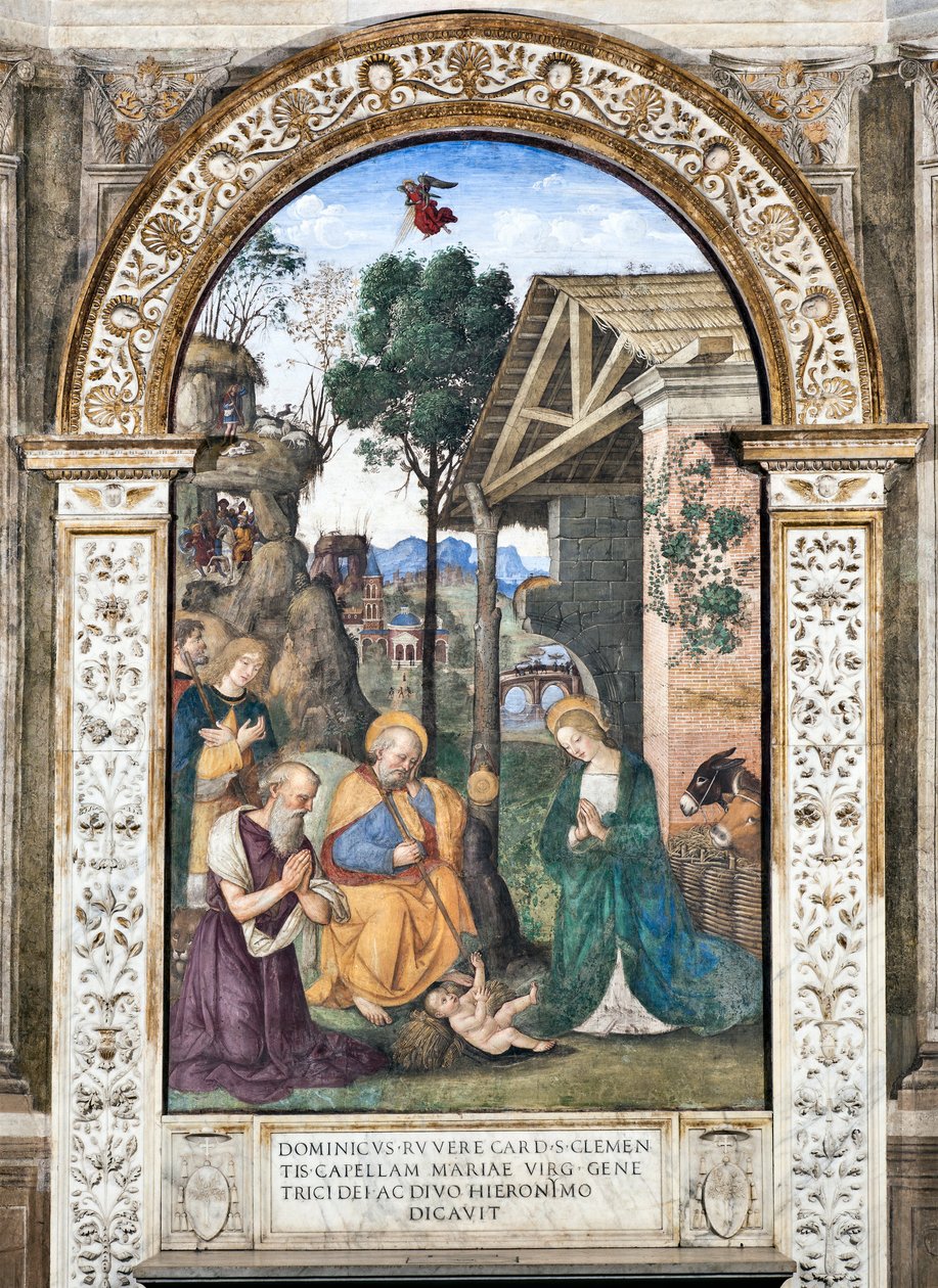 Anbetung der Hirten Fresko von Pinturicchio (Bernardino di Betto) (1454-1513) 1484-1492 Basilika Santa Maria del Popolo, Cappella Basso della Rovere, Rom, Italien von Bernardino di Betto Pinturicchio