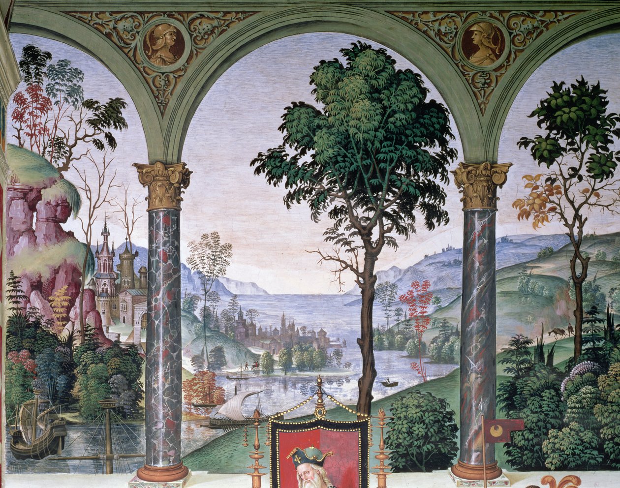 Hintergrundlandschaft durch die Loggia gesehen (Detail) von Bernardino di Betto Pinturicchio