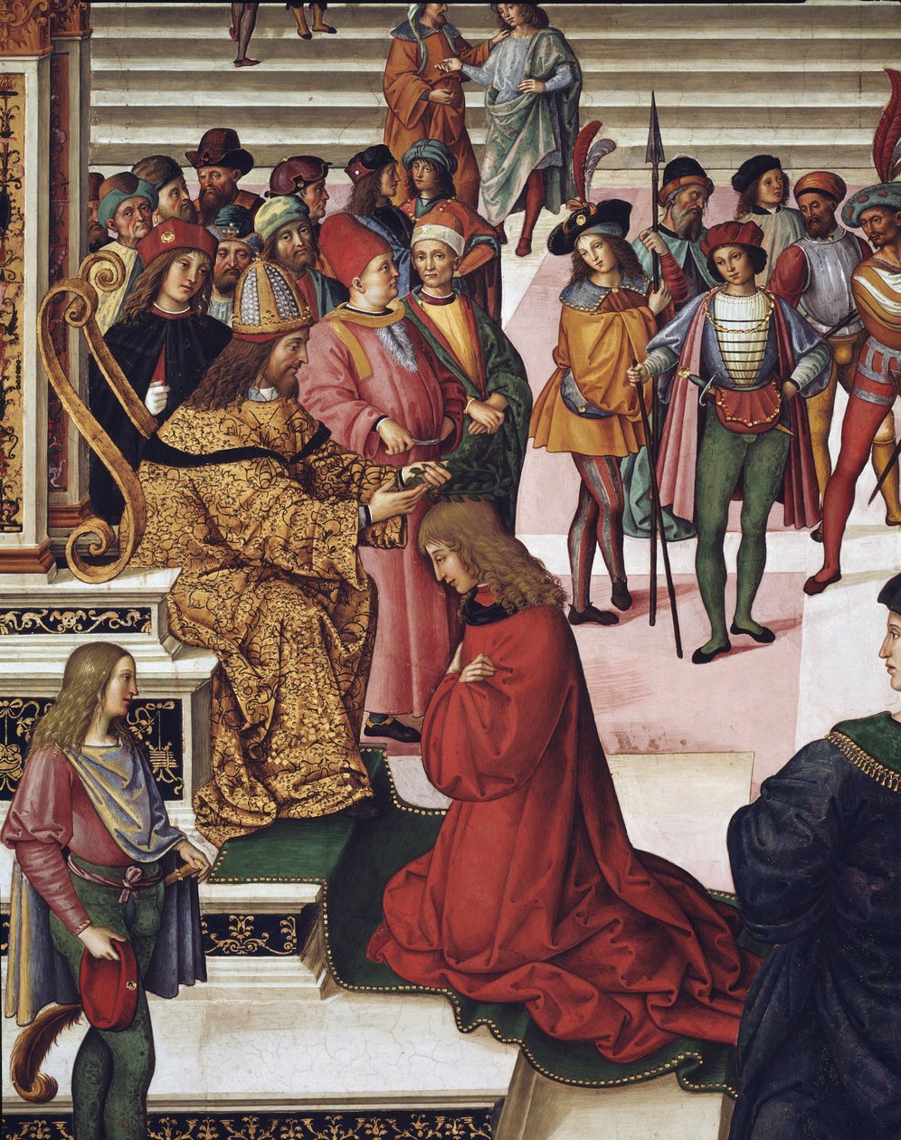Enea Silvio Piccolomini (Pius II.) wird von Kaiser Friedrich III. zum Dichter gekrönt (Detail) von Bernardino di Betto Pinturicchio