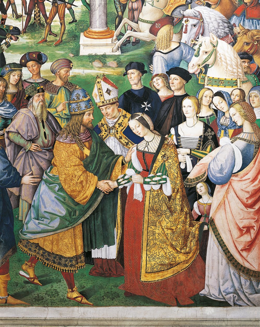 Enea Silvio Piccolomini, Bischof von Siena, bei der Krönung von Friedrich III. und Eleonore von Aragon (Detail) von Bernardino di Betto Pinturicchio