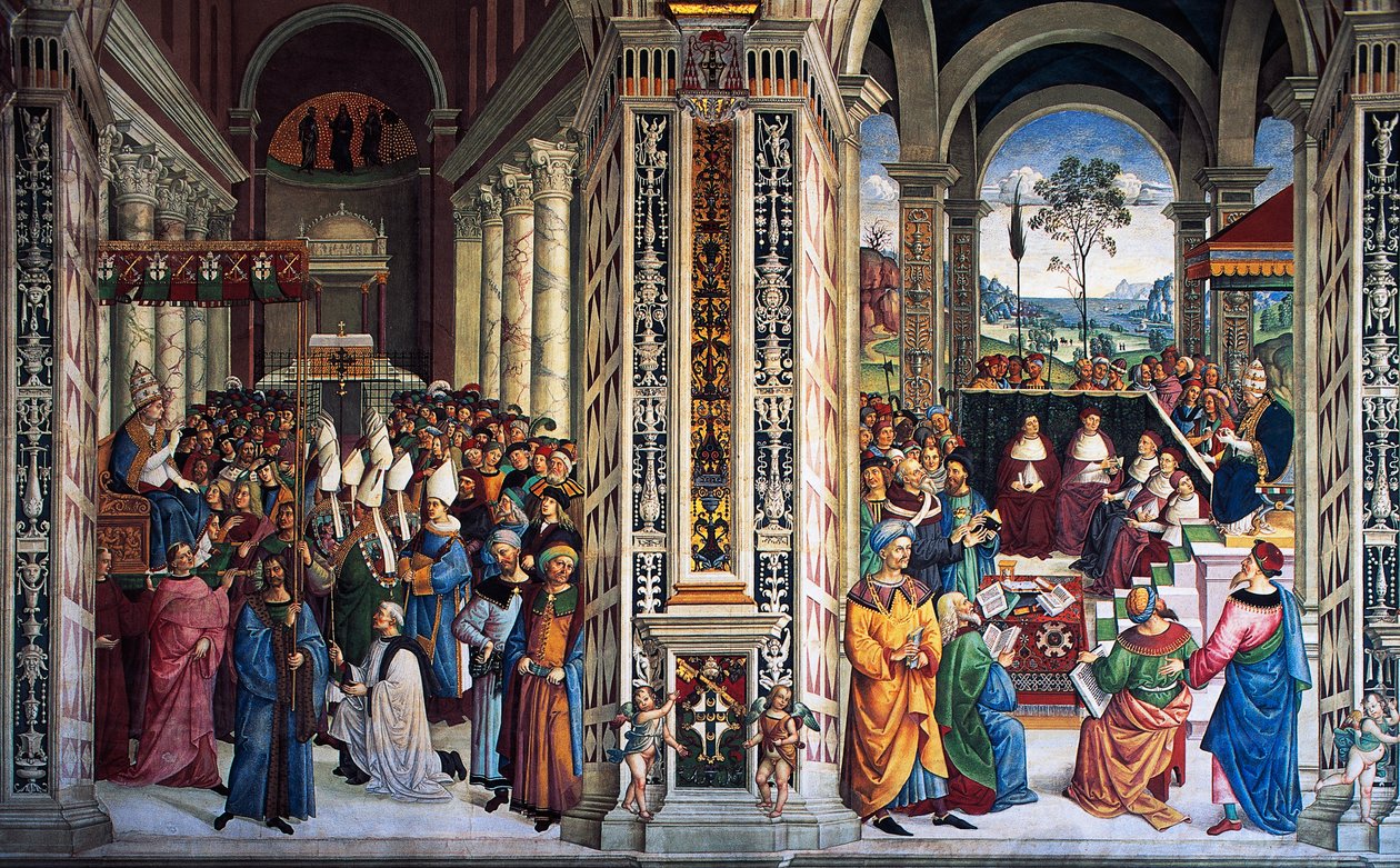 Pius II. kommt in Ancona an, um einen Kreuzzug zu beginnen (16. Jahrhundert), Fresko von Pinturicchio, Piccolomini-Bibliothek, Kathedrale von Siena, Toskana, Italien von Bernardino di Betto Pinturicchio