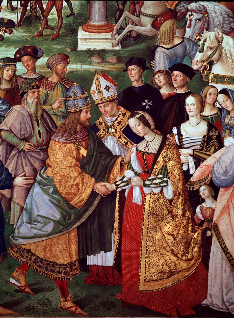 Der Dichter Enee Silvio Piccolomini stellt Eleonore von Portugal Kaiser Friedrich III. des Heiligen Römischen Reiches am Camollia-Tor vor. Detail aus dem Leben von Papst Pius II. (Fresko) von Bernardino di Betto Pinturicchio