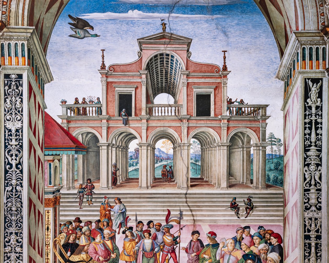 Die Piccolomini-Bibliothek, Nordostwand: Aeneas Sylvius wird vom Kaiser Friedrich III. zum Dichter gekrönt, 27. Juli von Bernardino di Betto Pinturicchio