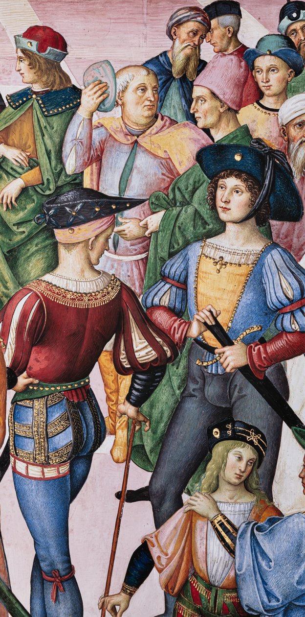 Die Piccolomini-Bibliothek, Nordostwand: Aeneas Sylvius wird vom Kaiser Friedrich III. zum Dichter gekrönt, 27. Juli von Bernardino di Betto Pinturicchio