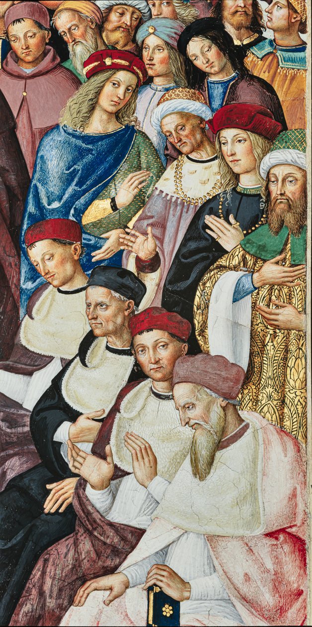 Piccolomini-Bibliothek, Südostwand: „Aeneas Sylvius erhält den Kardinalshut von Papst Calixtus III., 17. Dezember“ von Bernardino di Betto Pinturicchio