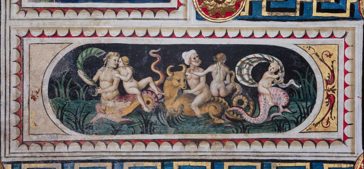 Die Piccolomini-Bibliothek, die Decke: kleineres Panel mit Szene eines maritimen Thiasus (Tritonen, Putto und eine Nereide), Fresko von Bernardino di Betto, bekannt als Pinturicchio von Bernardino di Betto Pinturicchio