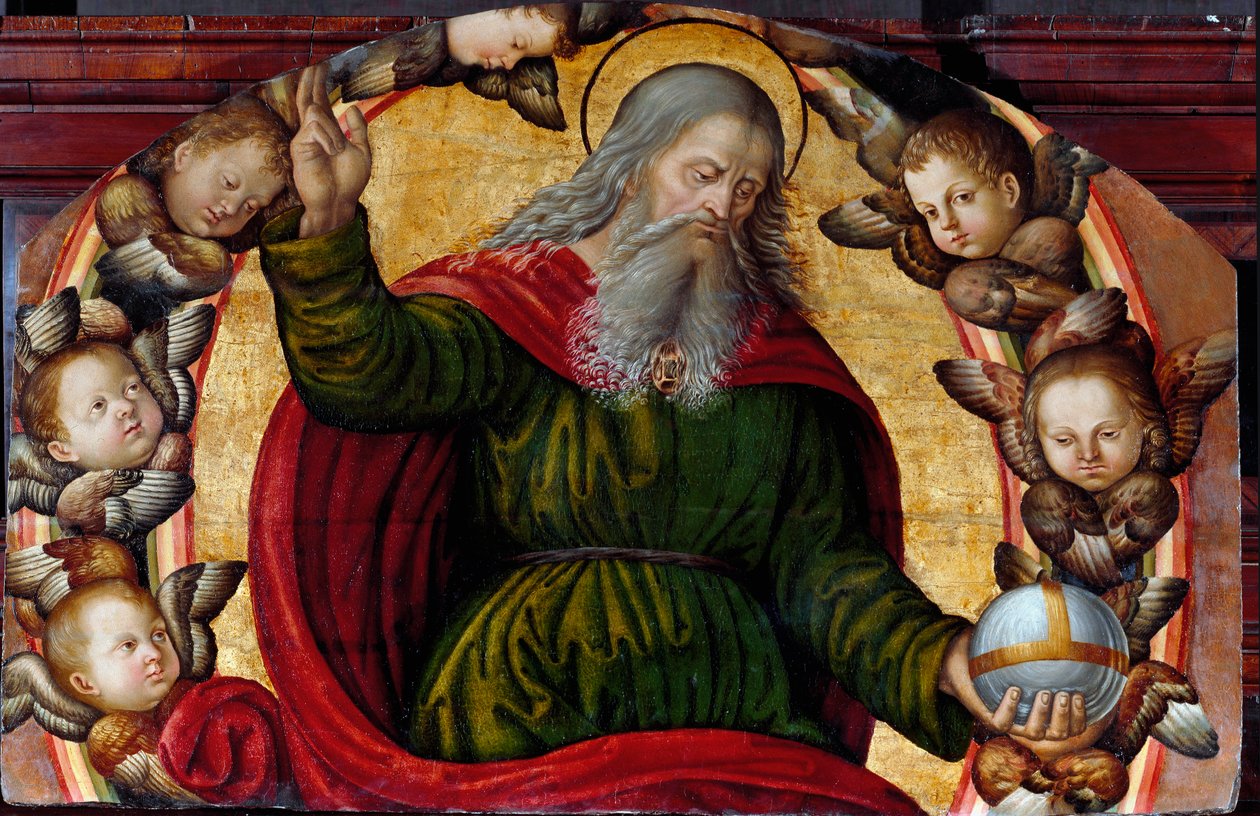 Der ewige Vater (Gott) und die Cherubim. Gott erhebt die Finger seiner rechten Hand als Zeichen des Segens, er hält einen Globus in seiner linken Hand. Gemälde der Schule von Bernardino di Betto, genannt il Pinturicchio (1454-1513). Öl auf Holz. Sant 