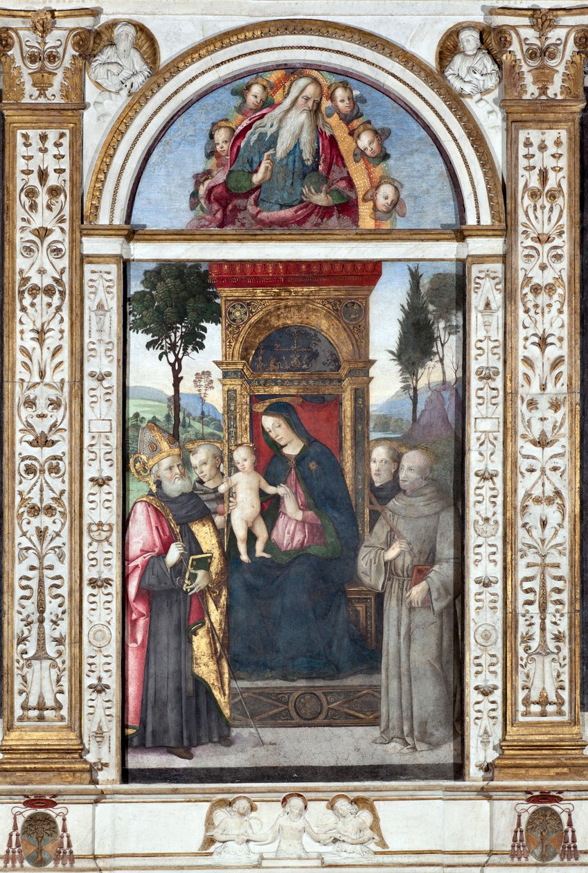 Jungfrau mit Kind und St. Augustinus, St. Franziskus und St. Antonius von Padua - Fresko von Pinturicchio (Bernardino di Betto) (1454-1513) 1484-1492 Rom, Basilika Santa Maria del Popolo, Cappella Basso della Rovere, Italien von Bernardino di Betto Pinturicchio