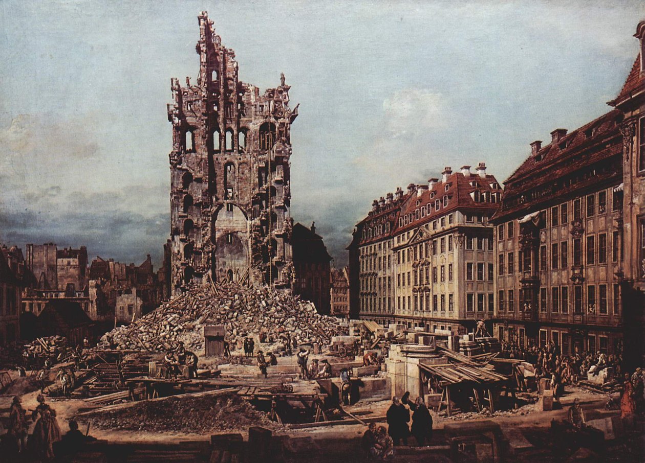 Die Ruinen der alten Kreuzkirche, Dresden von Bernardo Bellotto