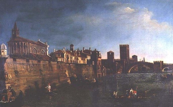 Ansicht von Verona mit dem Castello Vecchio und der Ponte Vecchio von Bernardo (manner of) Bellotto
