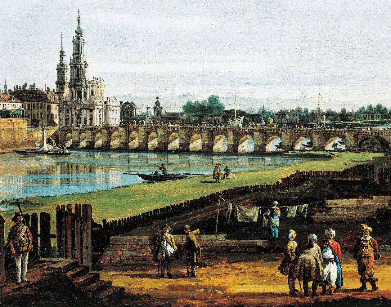 Dresden vom rechten Elbufer flussaufwärts von der Augustusbrücke, um 1750, von Bernardo Bellotto, bekannt als Canaletto, (Detail) von Bernardo Bellotto